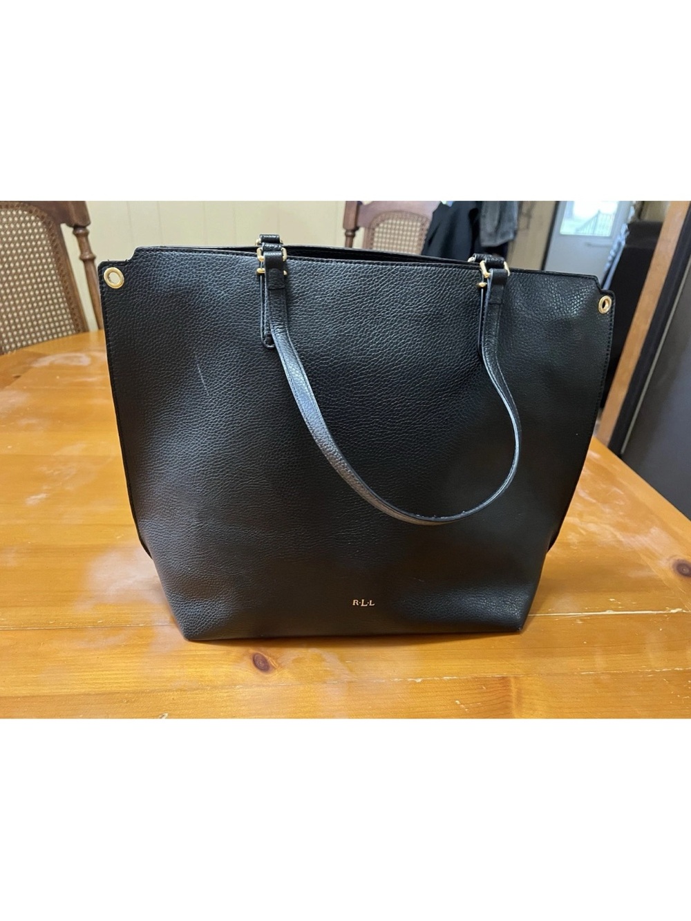 Lauren Ralph Lauren Black Pebbled Leather Tote Large Open Shopper Unlined